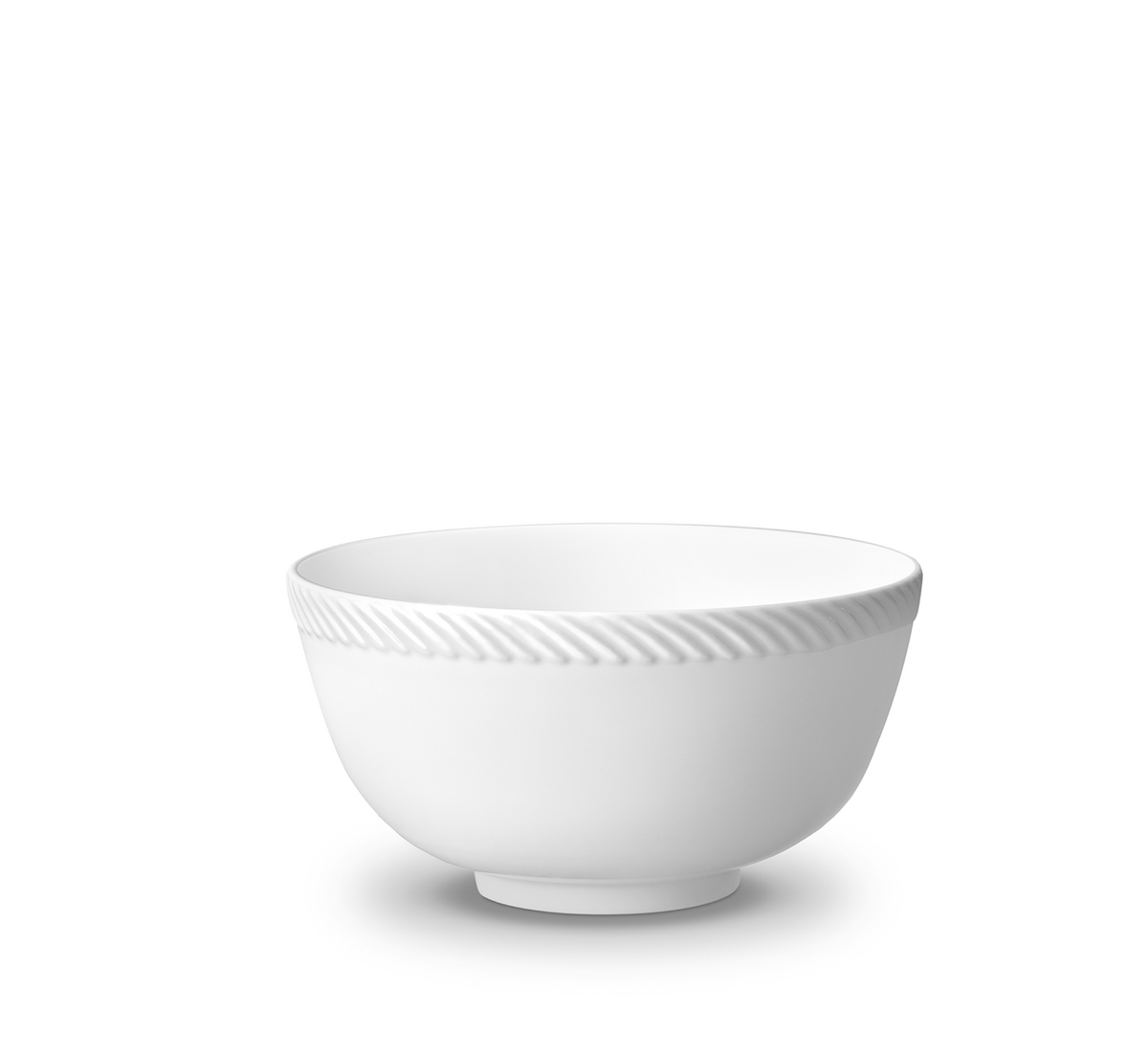 A Corde White Dinnerware soup plate by L'Objet, crafted from fine porcelain with a subtly textured rim, is shown on a white background.