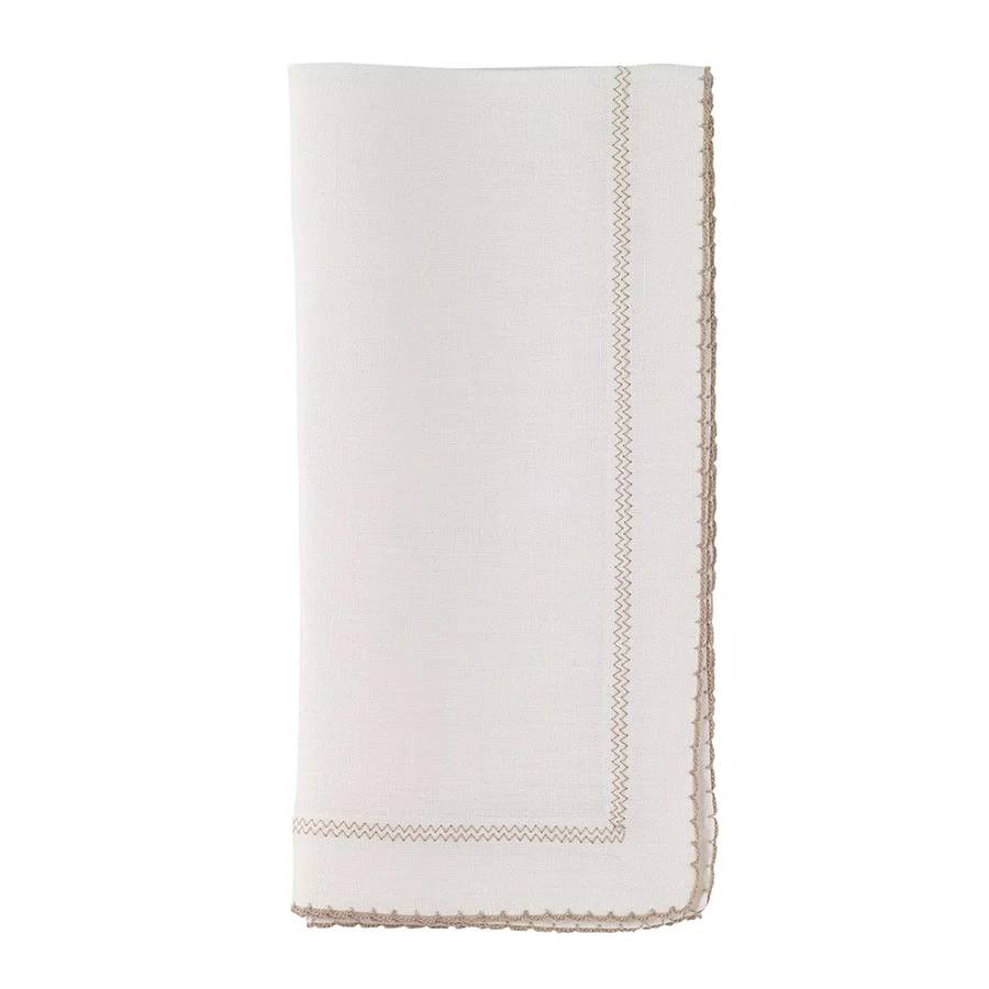 The Bodrum Picot Napkin White & Beige Set of 4 features neatly folded white linen napkins with scalloped beige embroidered borders and decorative stitching near the edge, displayed against a plain white background.