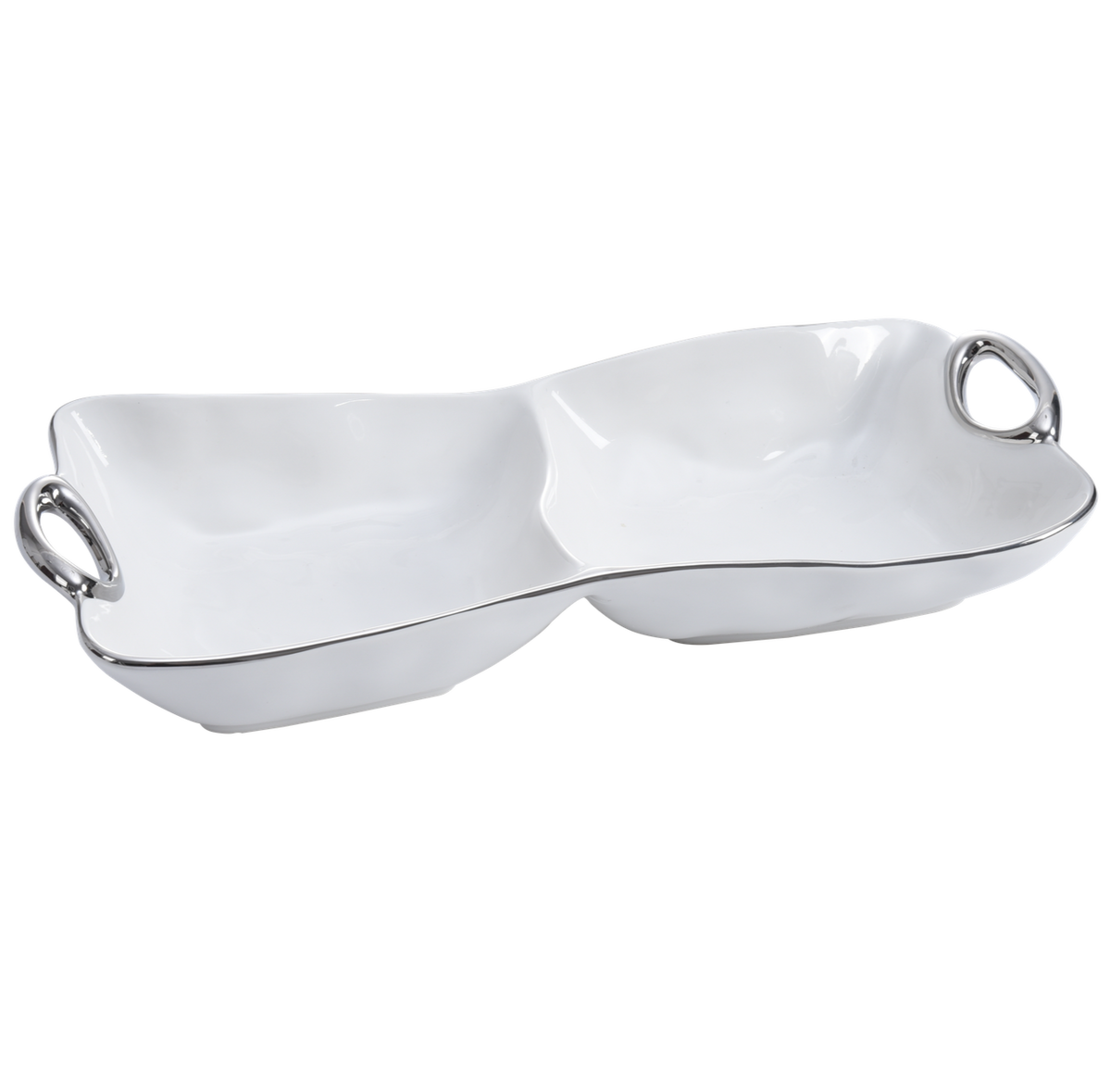The PAMPA BAY Handle Two Section Serving Bowl features white porcelain, elegant silver titanium trim, and dual silver handles, displayed against a plain background.