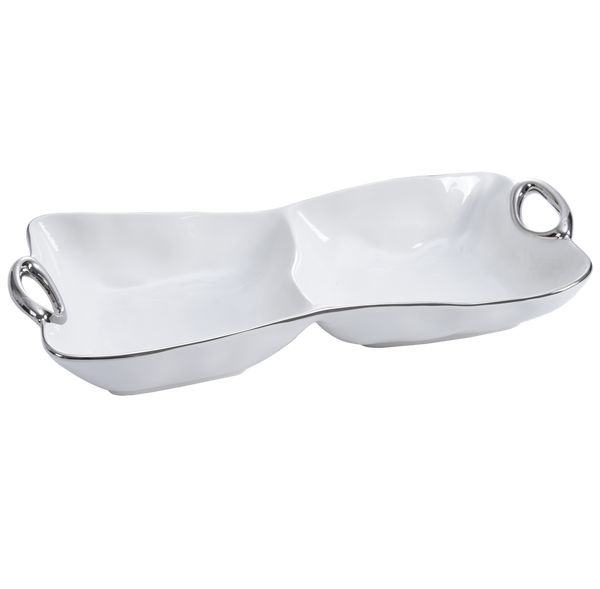 The PAMPA BAY Handle Two Section Serving Bowl features white porcelain, elegant silver titanium trim, and dual silver handles, displayed against a plain background.