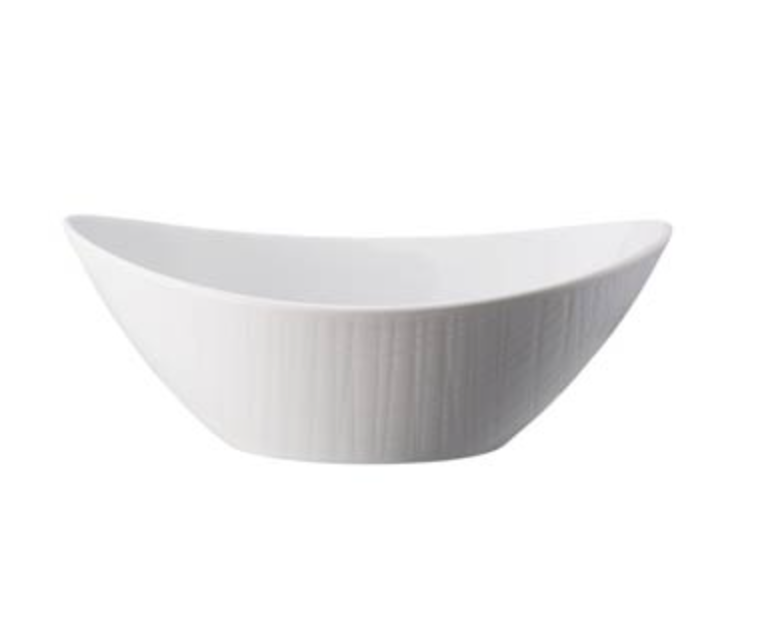 The Rosenthal Mesh Dinnerware White is a white, oval-shaped porcelain bowl with gently curved sides, set against a plain white background—an elegant, dishwasher-safe piece perfect for any table.