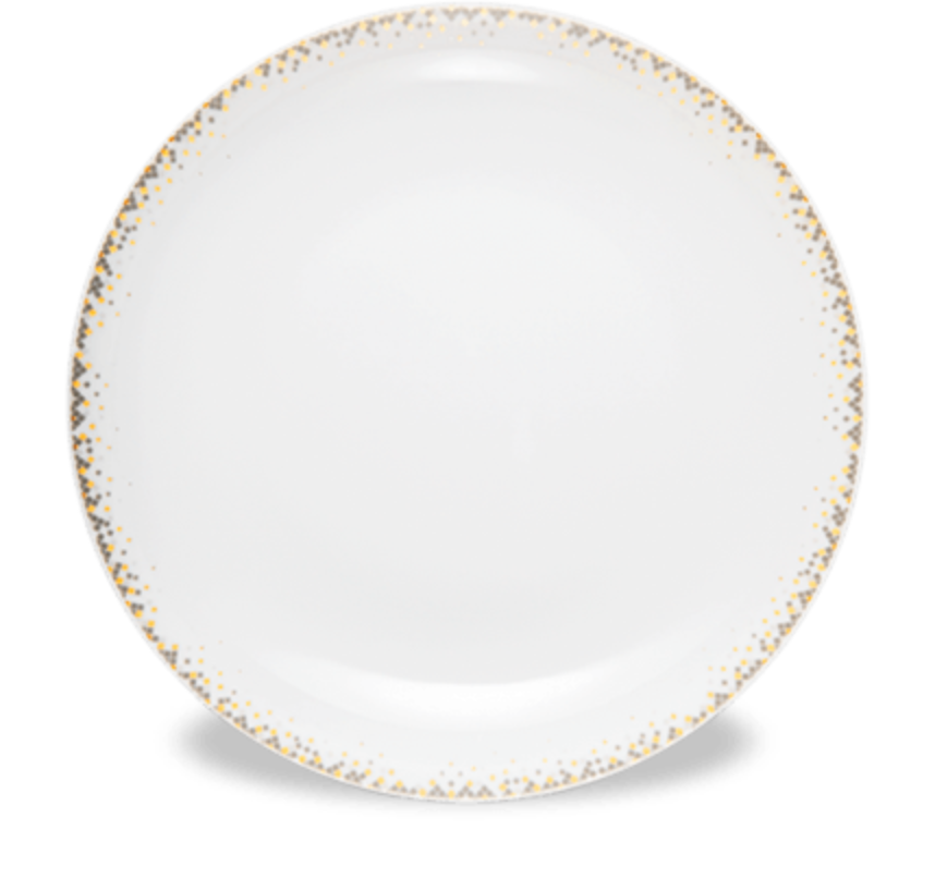The Haviland Souffle D'or Dinnerware plate features white Limoges porcelain with a delicate gold dotted and zigzag border—an elegant addition to your handmade dinnerware collection.