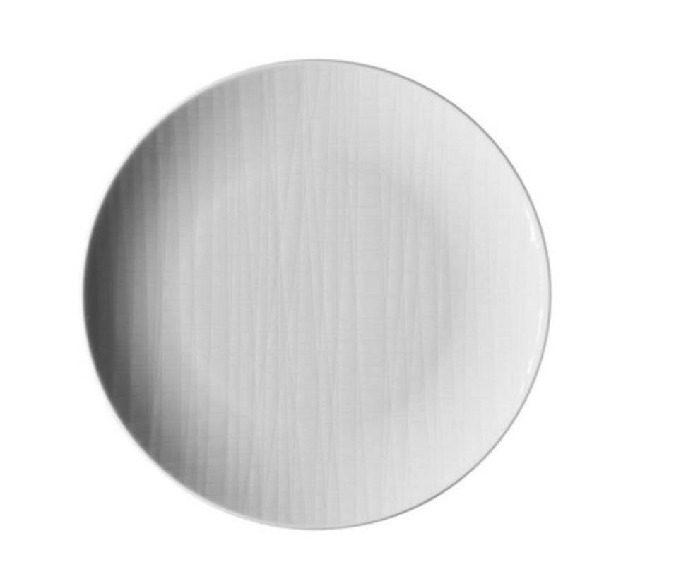 The Rosenthal Mesh Dinnerware White plate features a subtle textured pattern on white porcelain. Round and viewed from above on a plain white background, this dinnerware piece is dishwasher safe for easy cleaning.