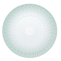 The Venezia Dinnerware by Vista Alegre is a round porcelain plate featuring a geometric, petal-like pattern in light green and white that radiates from the center to the edge.