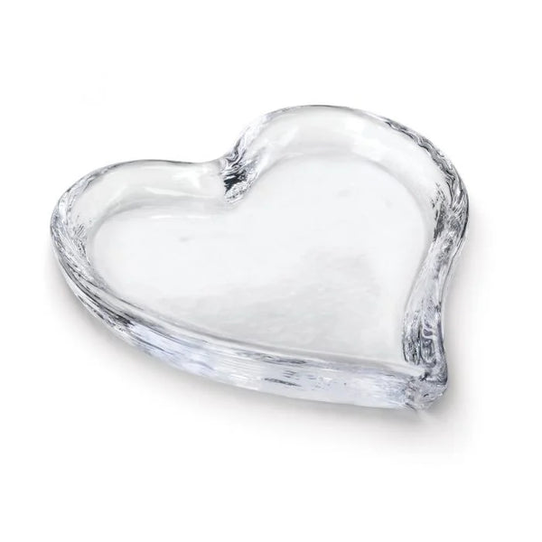 The Simon Pearce Heart Tray, crafted from clear glass, is displayed on a white background—an ideal gift for any occasion.