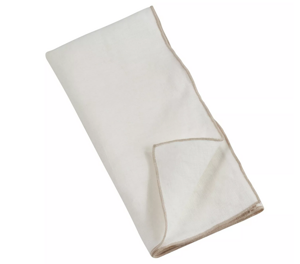 The Stitch Stone Ivory Washed Napkin Set of 4 by Saro Trading features neatly folded white napkins accented with light brown trim along the edges, displayed on a plain white background—their clean finish evoking the look and feel of premium linen table settings.