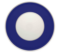 The Vista Alegre Harvard Dinnerware plate features a round porcelain design with a white center, a wide dark blue border, and a thin gold rim inspired by classic New England style.