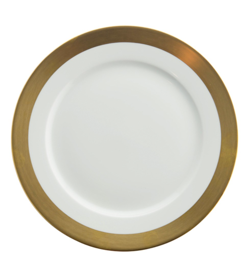 The Royal Limoges Danielle Gold Dinnerware plate, crafted from white Limoges porcelain with a wide metallic gold band, is shown from above on a plain white background.