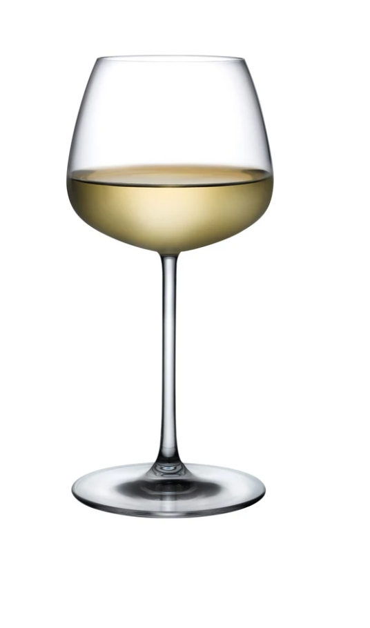 A Mirage Barware wine glass by Nude Glassware, made of clear lead-free crystal, is filled halfway with white wine and set against a plain white background.