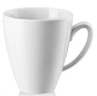 The Rosenthal Mesh Dinnerware White mug features a smooth, glossy finish and curved handle. Shown empty against a white background, it is dishwasher safe—an elegant addition to any porcelain dinnerware collection.