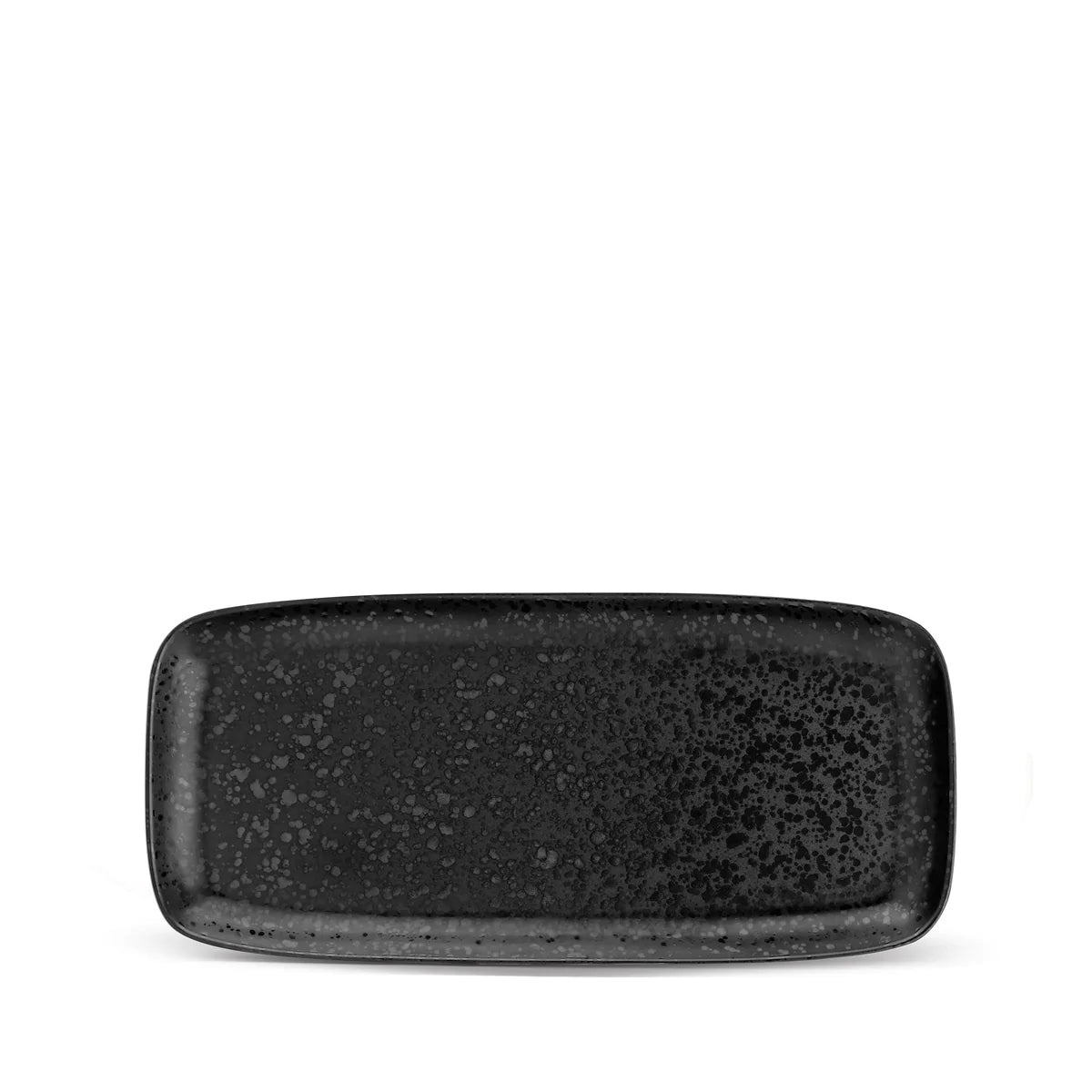 Alchimie Dinnerware Black by L'Objet: a rectangular black ceramic plate with a speckled pattern, glossy finish, and gently curved edges shown from above on a white background.