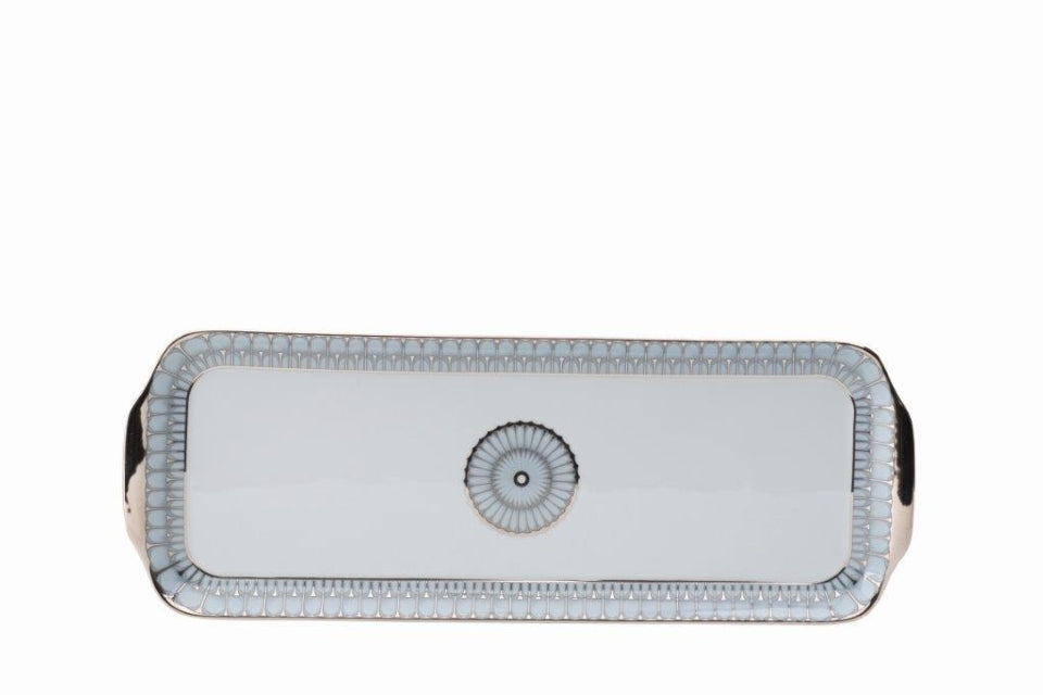 The Philippe Deshoulieres BIA Arcades Platinum Dinnerware serving tray is crafted from Limoges porcelain, with platinum accents, a patterned border, and a central design. Made in France and shown on a white background.