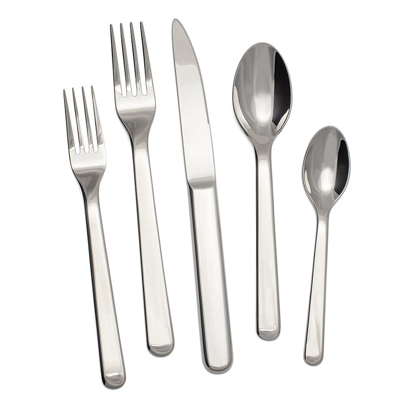 The Alkaline Flatware 5 Piece Setting by Couzon/DeVine Corp/MAISON3AMIS features 18/10 stainless steel and includes two forks, one knife, a tablespoon, and a teaspoon, all displayed on a white background.