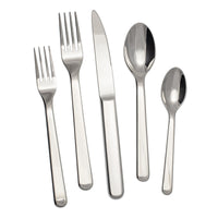 The Alkaline Flatware 5 Piece Setting by Couzon/DeVine Corp/MAISON3AMIS features 18/10 stainless steel and includes two forks, one knife, a tablespoon, and a teaspoon, all displayed on a white background.