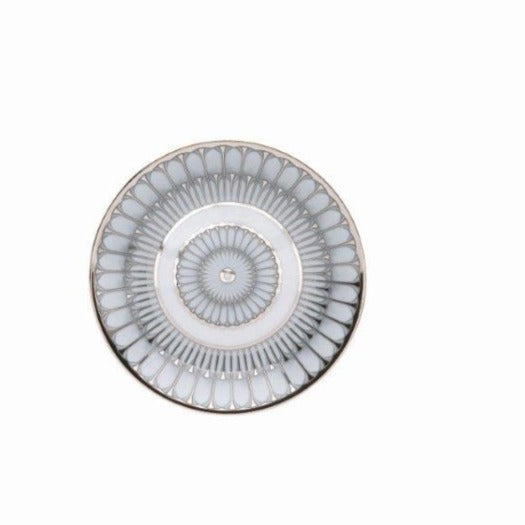 The Arcades Platinum Dinnerware plate by Philippe Deshoulieres BIA features radiating gray and white lines, scalloped details, and a thin platinum rim; crafted in France from Limoges porcelain.