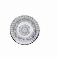 The Arcades Platinum Dinnerware plate by Philippe Deshoulieres BIA features radiating gray and white lines, scalloped details, and a thin platinum rim; crafted in France from Limoges porcelain.