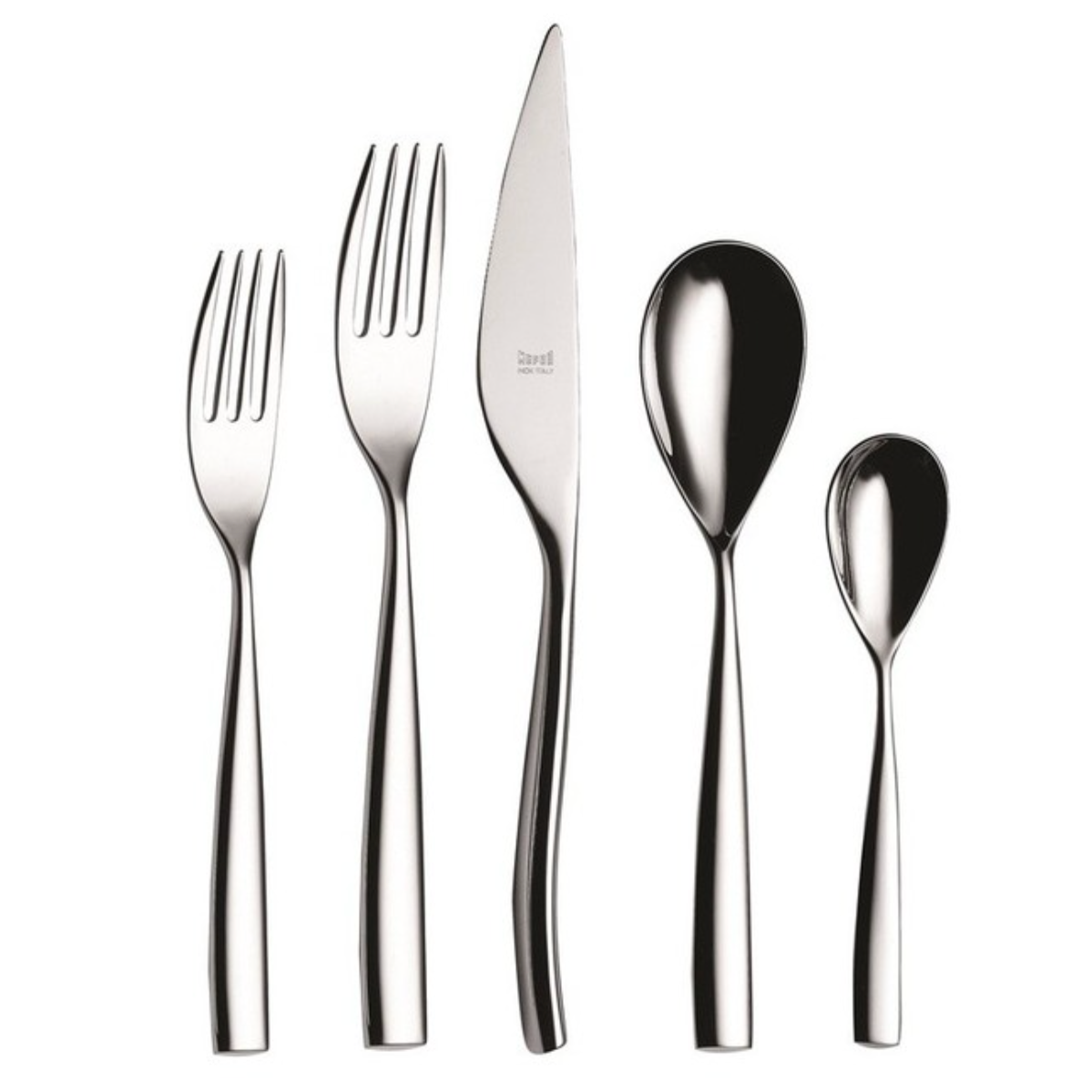 The Mepra Arte Flatware 5 Piece Setting in stainless steel features two forks, a knife, a tablespoon, and a teaspoon with a sleek modern design, displayed side by side on a white background.