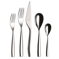 The Mepra Arte Flatware 5 Piece Setting in stainless steel features two forks, a knife, a tablespoon, and a teaspoon with a sleek modern design, displayed side by side on a white background.
