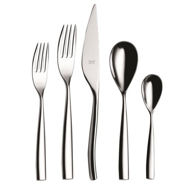 The Mepra Arte Flatware 5 Piece Setting in stainless steel features two forks, a knife, a tablespoon, and a teaspoon with a sleek modern design, displayed side by side on a white background.
