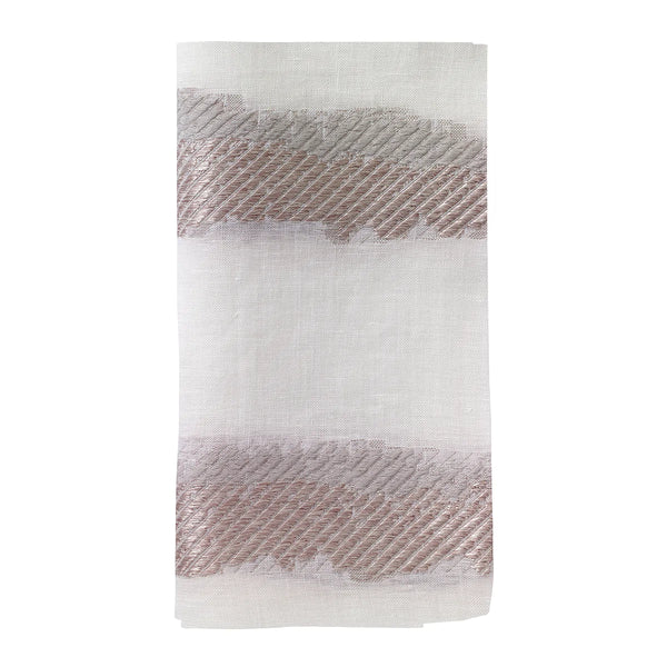 The Bodrum Brushstroke Napkin Silver Set of 4 features contemporary white linen polyester napkins accented with two metallic silver horizontal bands, each adorned with a diagonal line pattern near the top and bottom.