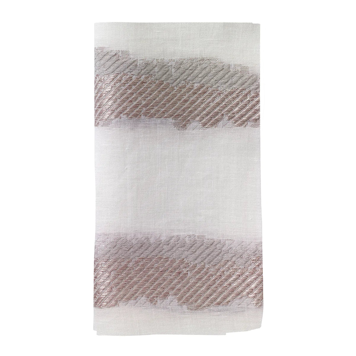 Bodrum's Brushstroke Napkin Silver Set of 4 features folded white linen-polyester napkins accented with two horizontal silver geometric bands; a contemporary, machine-washable design for elegant table settings.