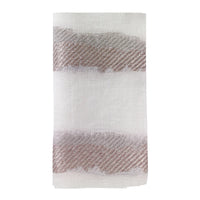 Bodrum's Brushstroke Napkin Silver Set of 4 features folded white linen-polyester napkins accented with two horizontal silver geometric bands; a contemporary, machine-washable design for elegant table settings.