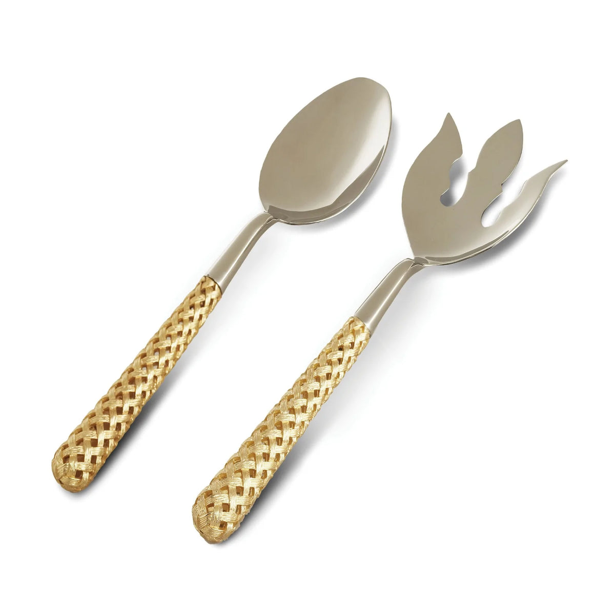 The Braid Serving Set Gold L'Objet by L'Objet features a spoon and fork, each with 24k gold-plated, textured handles and metallic heads—an elegant addition to any serveware collection. Displayed on a white background.