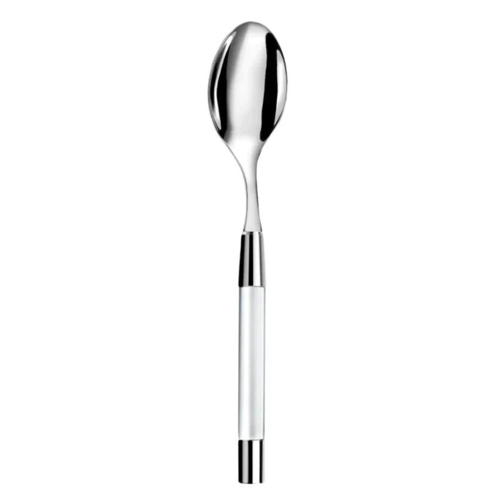 The Capdeco Zoe Serving Spoon features a shiny metal bowl and a primarily white handle with silver accents, creating an elegant look. Photographed on a plain white background.
