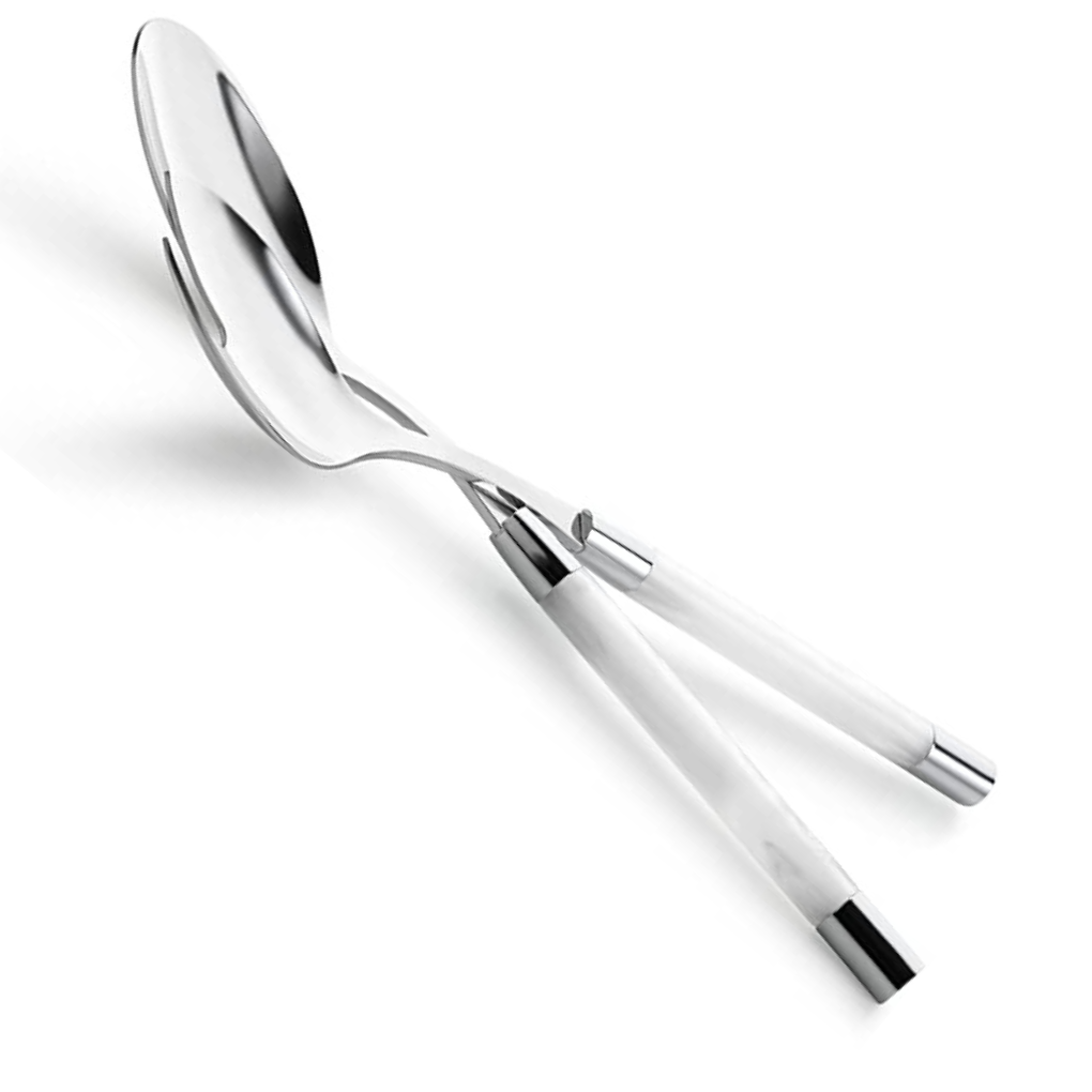 The Capdeco Conty Salad Serving Set White features 18/10 stainless steel salad servers with white handles, elegantly crossed over each other on a white background.