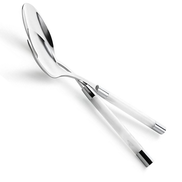 The Capdeco Conty Salad Serving Set White features 18/10 stainless steel salad servers with white handles, elegantly crossed over each other on a white background.