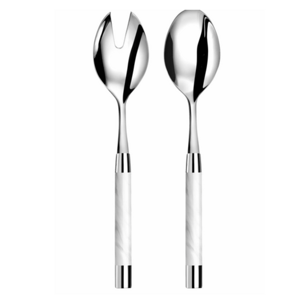 The Capdeco Conty Salad Serving Set White includes two shiny utensils with silver 18/10 stainless steel tops and white handles: a single-slot salad fork on the left and a solid serving spoon with metallic accents on the right.