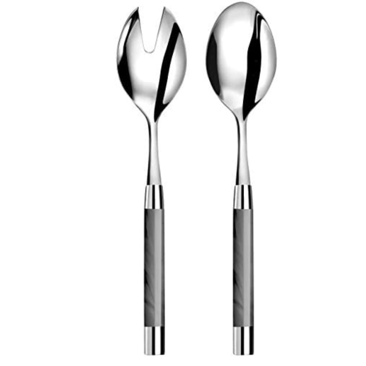 The Capdeco1 Conty Salad Serving Set Grey includes two French-made 18/10 stainless steel servers with shiny heads and marble-patterned handles: one spoon and one forked, slotted piece for effortless salad serving.