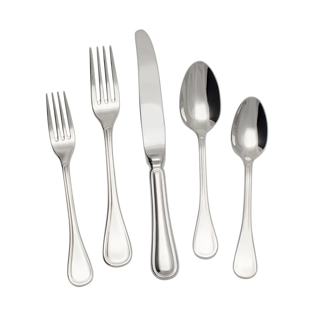 The Lyrique Flatware 5 Piece Setting by Couzon/DeVine Corp/MAISON3AMIS features shiny stainless steel and includes two forks, a knife, and two spoons, elegantly arranged on a white background.