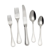 The Lyrique Flatware 5 Piece Setting by Couzon/DeVine Corp/MAISON3AMIS features shiny stainless steel and includes two forks, a knife, and two spoons, elegantly arranged on a white background.