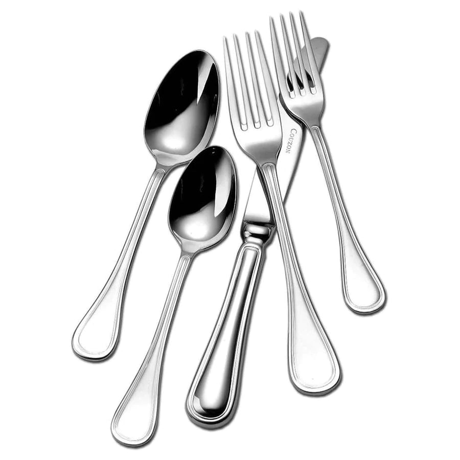 The Couzon/DeVine Corp /MAISON3AMIS Lyrique Flatware 5 Piece Setting in stainless steel features two forks, two spoons, and a knife, displayed fanned out on a white background.
