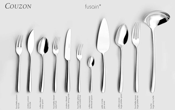 The Fusain Flatware 5 Piece Setting by Couzon/DeVine Corp /MAISON3AMIS features polished stainless steel forks, knives, and spoons arranged neatly on a white background, with brand names displayed above.