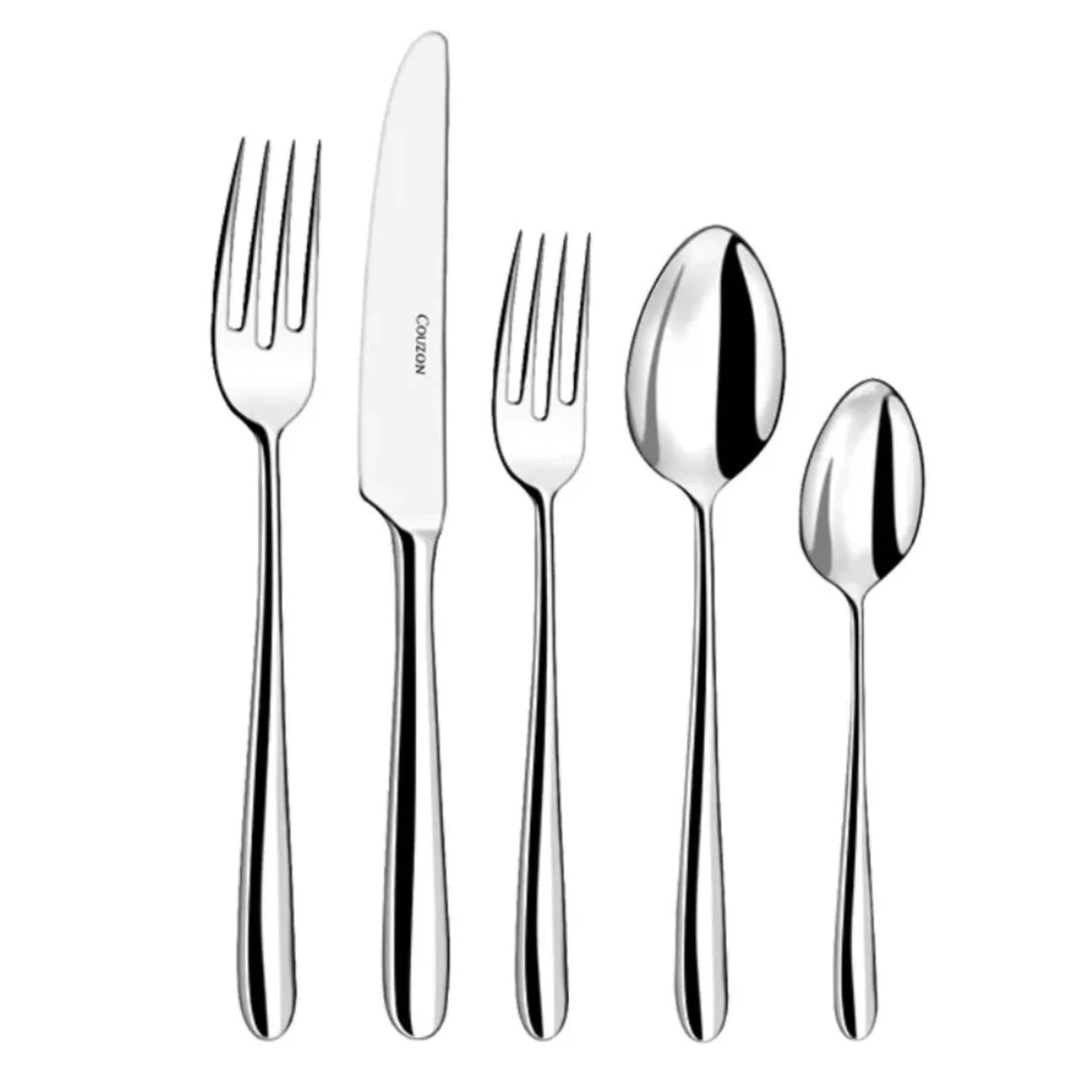 The Fusain Flatware 5 Piece Setting by Couzon/DeVine Corp /MAISON3AMIS includes a dinner fork, knife, soup spoon, salad fork, and teaspoon—all in polished 18/10 stainless steel with matching handles, shown on a white background.