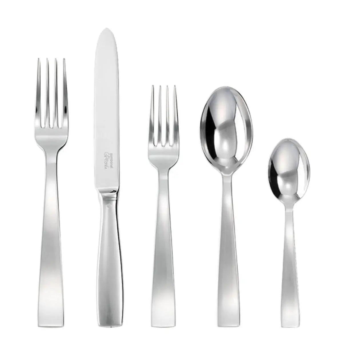 The Sambonet Gio Ponti Flatware 5 Piece Setting in stainless steel includes a dinner fork, knife, salad fork, soup spoon, and teaspoon, displayed in a row on a white background.