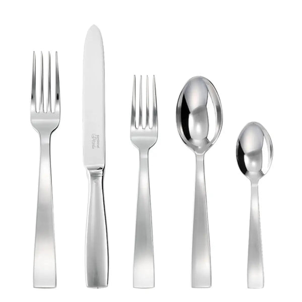 The Sambonet Gio Ponti Flatware 5 Piece Setting in stainless steel includes a dinner fork, knife, salad fork, soup spoon, and teaspoon, displayed in a row on a white background.