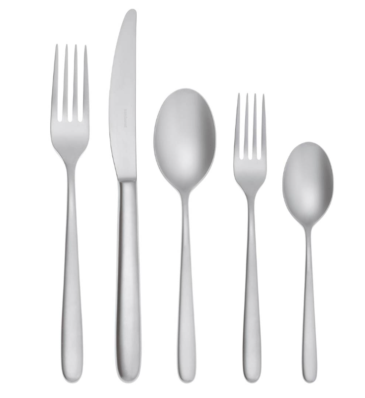 The Sambonet Hannah Antico Flatware 5 Piece Setting, crafted from stainless steel, features a dinner fork, dinner knife, soup spoon, salad fork, and teaspoon arranged side by side on a white background.