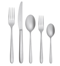 The Sambonet Hannah Antico Flatware 5 Piece Setting, crafted from stainless steel, features a dinner fork, dinner knife, soup spoon, salad fork, and teaspoon arranged side by side on a white background.