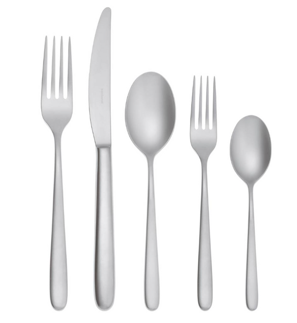 The Sambonet Hannah Antico Flatware 5 Piece Setting, crafted from stainless steel, features a dinner fork, dinner knife, soup spoon, salad fork, and teaspoon arranged side by side on a white background.