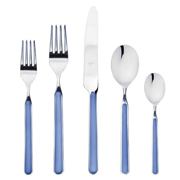The Mepra Fantasia Flatware 5 Piece Set in blue features shiny metal tops and resin handles, including a dinner fork, salad fork, knife, soup spoon, and teaspoon arranged side by side on a white background. Available in 16 colors!.