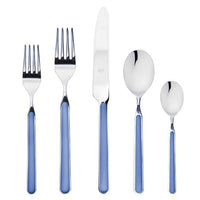 The Mepra Fantasia Flatware 5 Piece Set in blue features shiny metal tops and resin handles, including a dinner fork, salad fork, knife, soup spoon, and teaspoon arranged side by side on a white background. Available in 16 colors!.