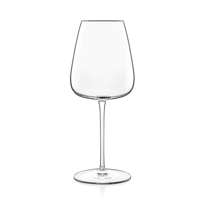 A single clear wine glass from the Luigi Bormioli Talismano Bar Collection Sets, featuring a tall stem and wide bowl, is photographed against a white background to highlight its elegant Italian design.