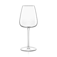 A single clear wine glass from the Luigi Bormioli Talismano Bar Collection Sets, featuring a tall stem and wide bowl, is photographed against a white background to highlight its elegant Italian design.