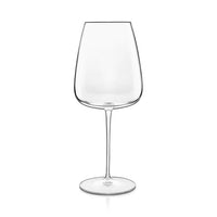 A single empty Luigi Bormioli Talismano Bar Collection wine glass with a thin stem and wide bowl stands upright on a white background, highlighting refined Italian craftsmanship.