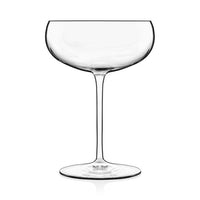 A clear Luigi Bormioli Talismano Bar Collection coupe glass featuring a wide, shallow bowl and thin stem is displayed on a white background.