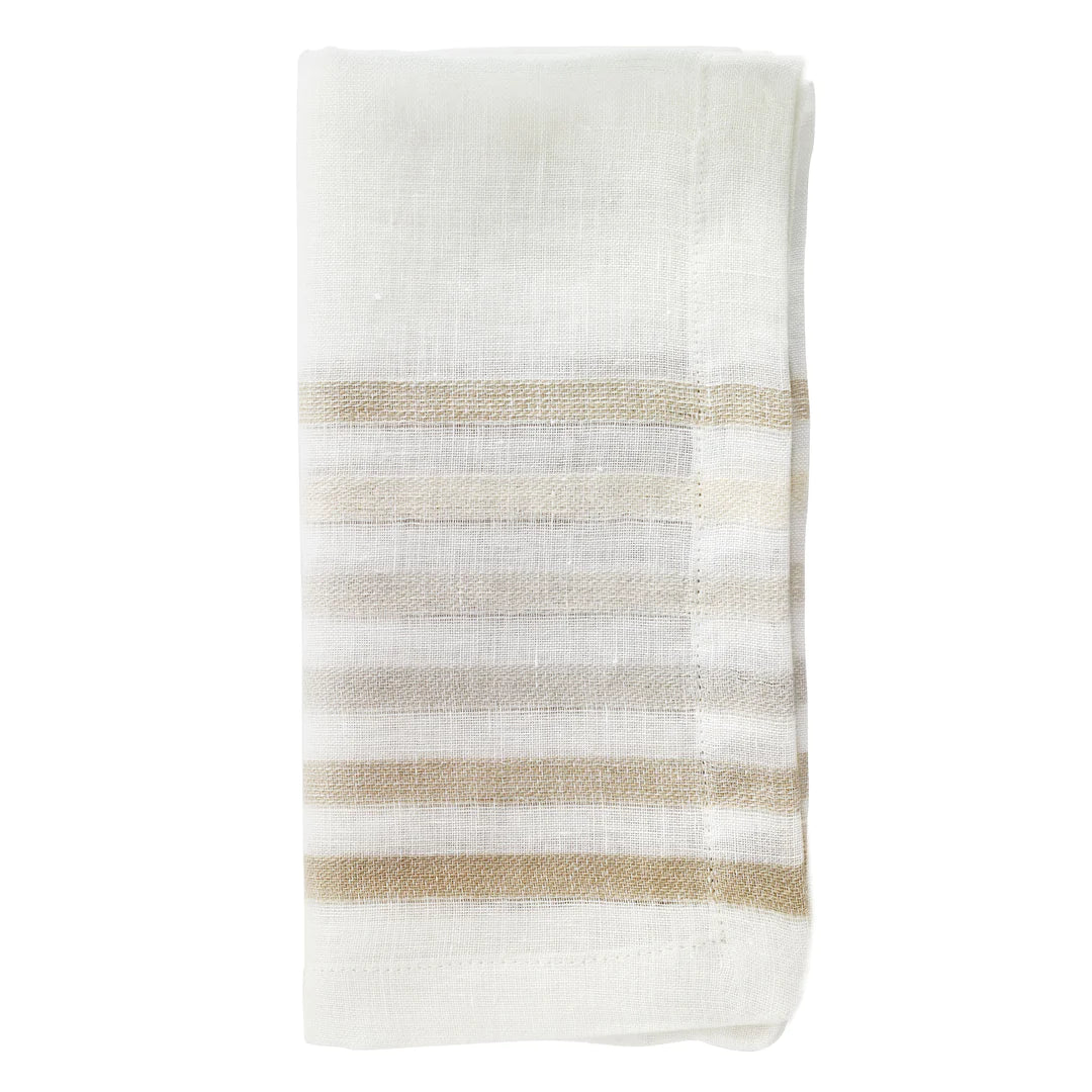 The Logan Napkin Beige Set of 4 by Bodrum features a classic folded linen design with horizontal beige and light gray stripes near one end, presented against a plain white background.