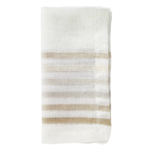 The Logan Napkin Beige Set of 4 by Bodrum features a classic folded linen design with horizontal beige and light gray stripes near one end, presented against a plain white background.